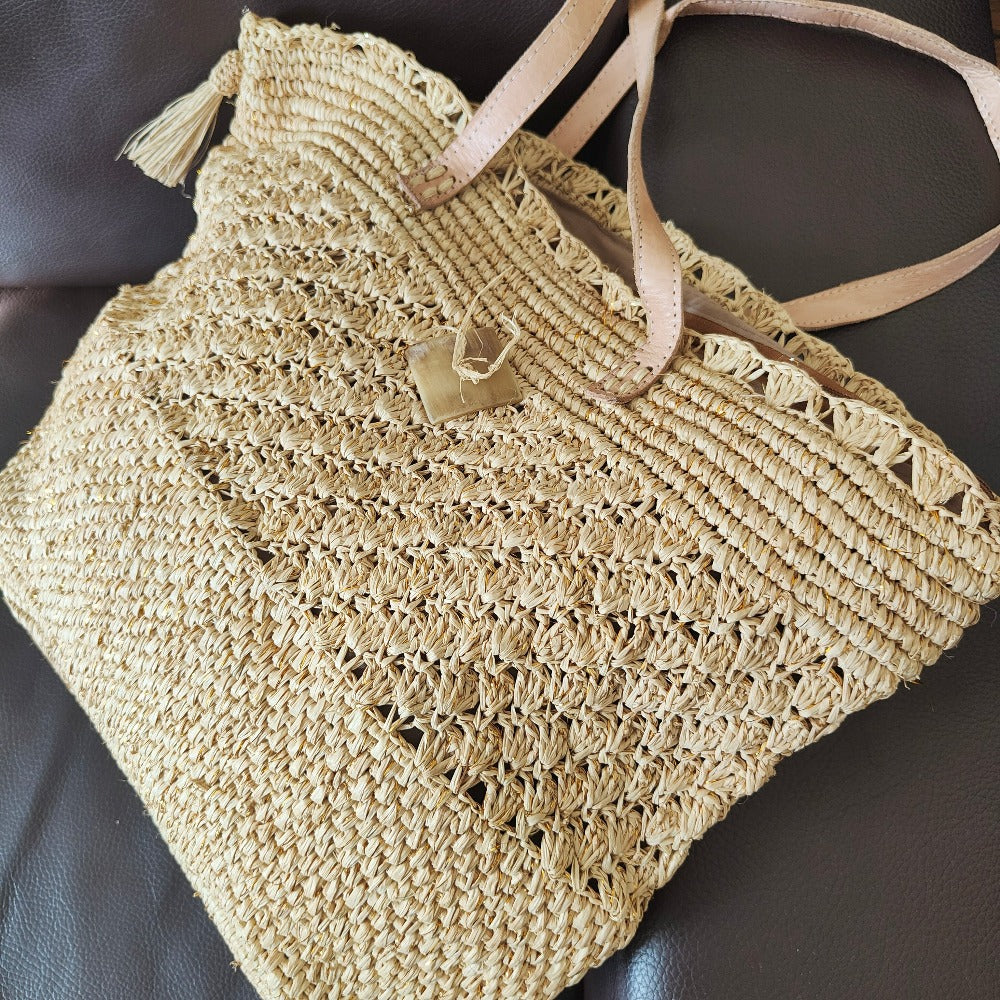 Sac en Raphia Naturel avec Lanière Cuir Fait main à Bali