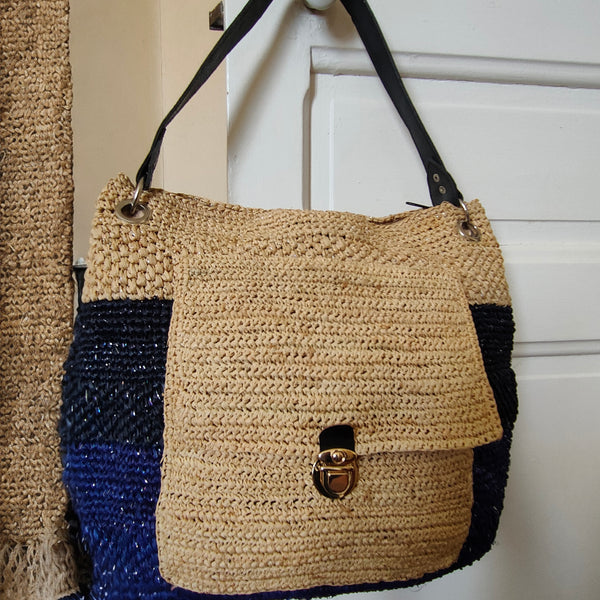 Sac raphia "Vina", de ville ou de plage, crocheté et pailleté, anse en cuir.