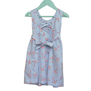 Robe fille, bleu clair, smockée et brodée, oiseau rose