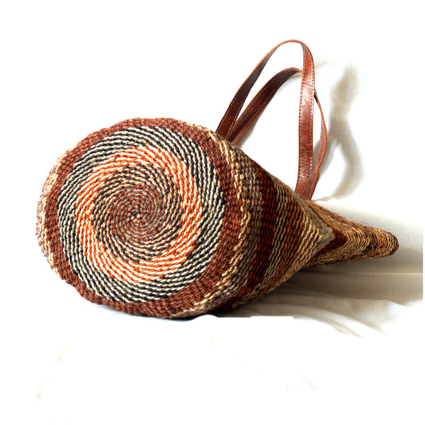 Sac à main en sisal rayé marron fond rond