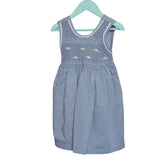 Robe fille bleu denim, smockée brodée marguerite